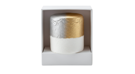 Sparkling candle with silver and gold glitter in a white box isolated on transparent background, creating a festive and elegant ambiance for any occasion