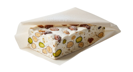 Delicious nougat with nuts isolated on transparent background, a traditional confection made from sugar, honey, and roasted nuts, offering a sweet and nutty treat