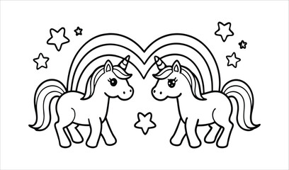 Cute cartoon unicorns with rainbow and stars for coloring Cute cartoon unicorns with rainbow and stars for coloring