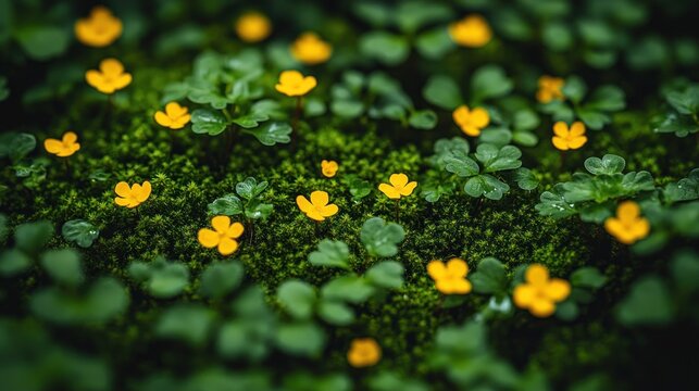 Tiny yellow flowers on a bed of moss - Powered by Adobe