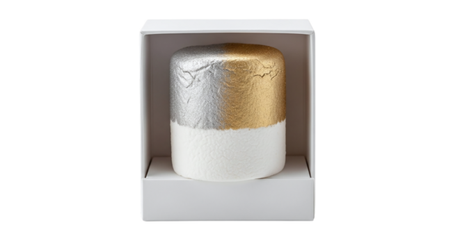 Sparkling candle with silver and gold glitter in a white box isolated on transparent background, creating a festive and elegant ambiance for any occasion