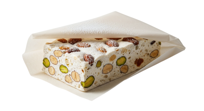 Delicious nougat with nuts isolated on transparent background, a traditional confection made from sugar, honey, and roasted nuts, offering a sweet and nutty treat