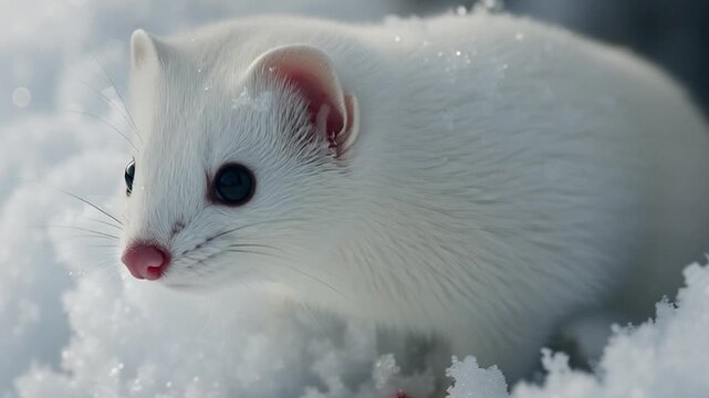 A Cute white stoat peeking out of a snowy burrow in winter, closeup view Horizontal