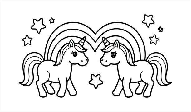 Cute cartoon unicorns with rainbow and stars for coloring