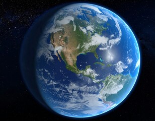 A vibrant, detailed depiction of planet Earth, showcasing North America, surrounded by oceans and swirling cloud formations. Stars dot the black background