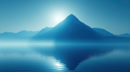 Tranquil mountain reflected in serene blue water at dawn