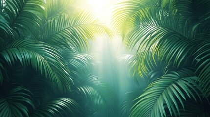 Obraz premium Lush Canopy: An overhead shot of a verdant forest canopy bathed in sunlight, with vibrant, textured leaves forming an ethereal scene. 