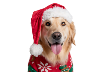 Golden retriever in christmas santa hat and sweater isolated on transparent background
