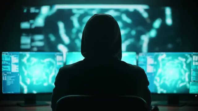 Anonymous Hacker Coding on Multiple Screens in Dark Room.