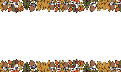 Hand drawn horizontal banner pattern with autumn bright leaves and berries in retro color template Flat doodle style Vector