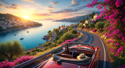 Scenic coastal drive in a red convertible overlooking Mediterranean village and sea at sunset