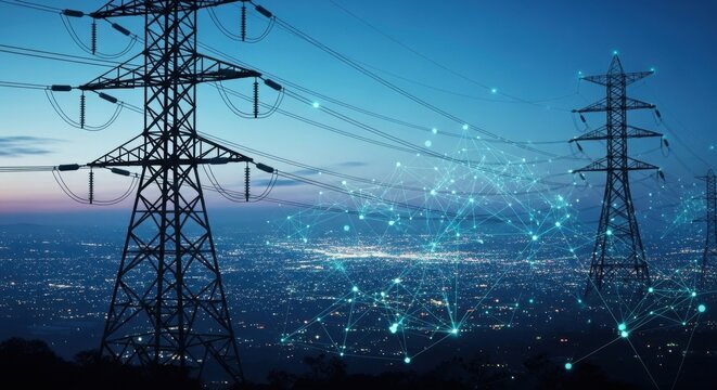 Power Grid and Cityscape: Interconnected Network at Twilight, Digital Overlay