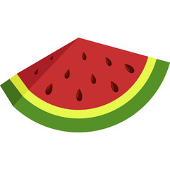 Slice of Watermelon Fruit with Red Flesh Black Seeds Green Rind and Yellow Border Isolated on Transparent Background in Flat Design Style