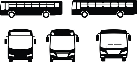 Bus silhouette illustration, public transport vector, side and front view buses, urban transit design, vehicle icons, transportation graphic, black outline, commuter bus artwork © Shami's World