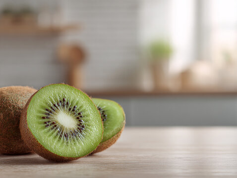 Enjoy fresh kiwi fruit slices with vibrant green interiors on rustic wood table for healthy eating