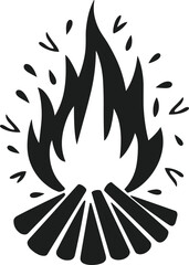 Black bonfire vector illustration with flames and wood on white background