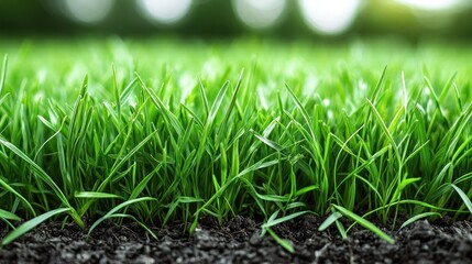 Fresh Green Lawn: A macro perspective unveils a lush lawn with blades of vibrant green grass sprouting from the rich, dark earth, celebrating the freshness of nature.