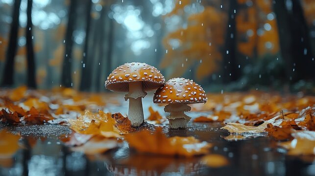 Two toadstools in a puddle, autumn rain - Powered by Adobe