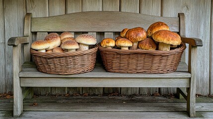 Two wicker baskets of mushrooms on a weathered wooden bench