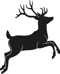 Black deer silhouette leaping with antlers on white background