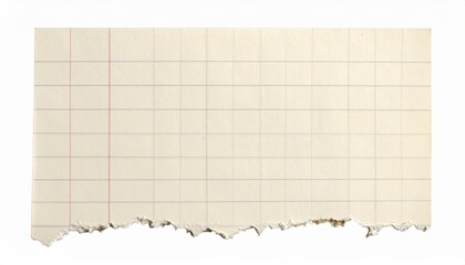 Torn graph paper with red margin line on white background, isolated. Blank grid paper texture with rough edges, perfect for notes, education, or design elements.