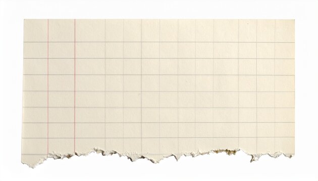 Torn graph paper with red margin line on white background, isolated. Blank grid paper texture with rough edges, perfect for notes, education, or design elements. - Powered by Adobe