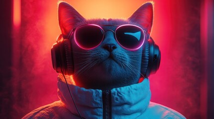 Cool Cat's Vibing: A trendy cat in stylish sunglasses, cool headphone, rocking a funky jacket, enveloped in a vibrant neon glow, embodying a relaxed, musical vibe.