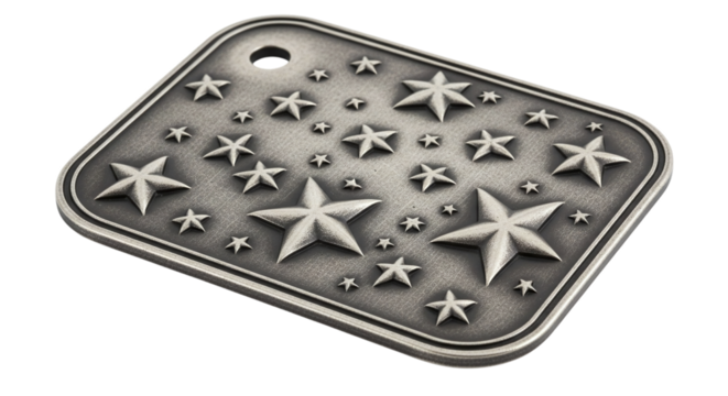 Pewter tag with raised star design isolated on transparent background, a decorative metal piece with a hole for attachment, perfect for crafts or jewelry making