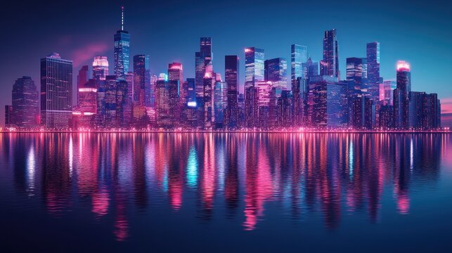 Vibrant NYC skyline at night, neon reflections - Powered by Adobe