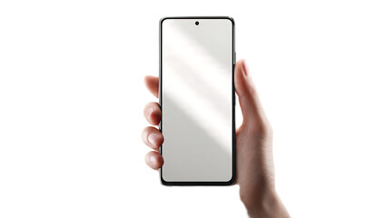 A hand holding a smartphone with a blank white screen against a black background in a studio shot