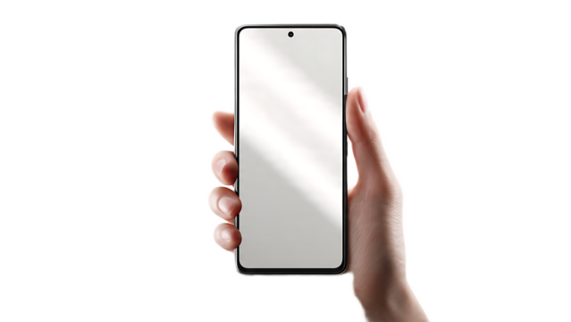 A hand holding a smartphone with a blank white screen against a black background in a studio shot