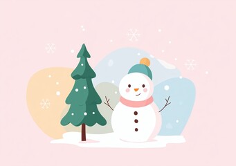 Cute minimalist flat vector snowman and pine tree with snowflakes on pastel background, isolated on white. Winter season design for holiday projects and decorations.