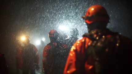 Rescue operation during heavy rain with flashlights