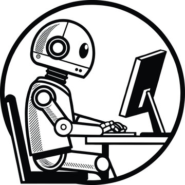 Black and white illustration of a robot sitting at a desk using a computer inside a circle border