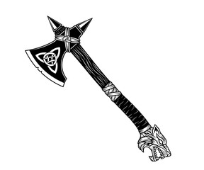 A striking black and white illustration of a fantasy battle axe, detailed with a Celtic triquetra knot on the blade and a snarling wolf head pommel