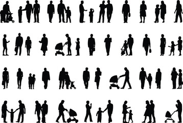 Silhouette family figures, parents with children, walking together, holding hands, pushing stroller, childcare concept, parenting illustration, community lifestyle, everyday activity,