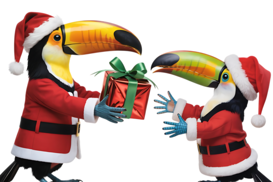 Toucan in santa suit with gift isolated on transparent background - Powered by Adobe