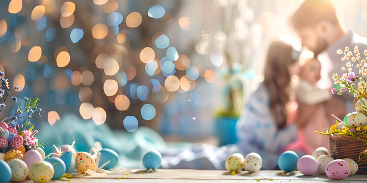 Easter Family Celebration with Colorful Eggs and Blossoms for Your Loved Ones"