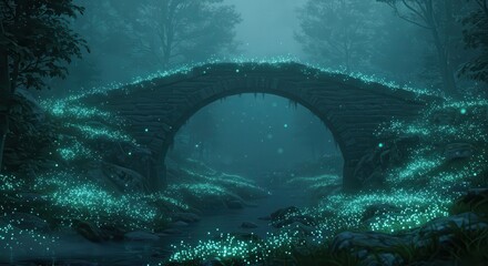 Ancient stone arch bridge spans a misty stream surrounded by glowing flora in a dark forest