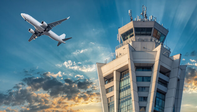 Airplane flying past an airport control tower with a scenic blue sky and fluffy clouds in the background