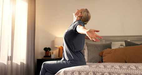 Wake up, stretching and woman in bedroom, morning and wellness with lens flare, relax and calm....