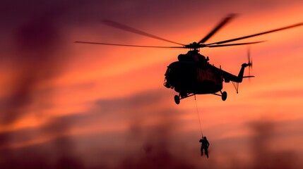 Helicopter silhouetted against sunrise during rescue