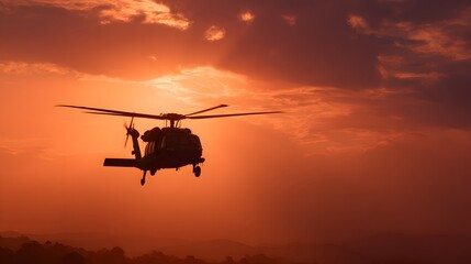 Helicopter silhouetted against sunrise during rescue