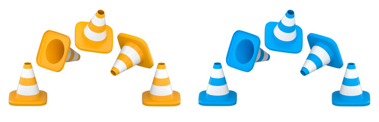 Traffic safety cones with white stripes, isolated on white background with clipping path. Concept of road safety equipment