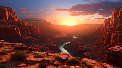 Breathtaking grand canyon landscape at sunset with vibrant colors and majestic rock