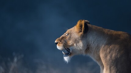 lioness. Majestic lioness with powerful presence, golden savanna backdrop highlighting her natural beauty. wildlife magazines, conservation campaigns, designed for eco-tourism storytelling.
