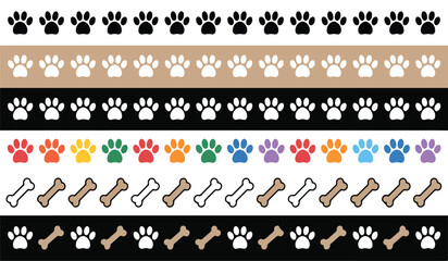 Rows of paw prints and bones pattern variations paw, print, bone, pattern, row, black, white, brown, beige, red, yellow, green, orange, purple, pink, blue, variation, animal, dog, cat, border, design,