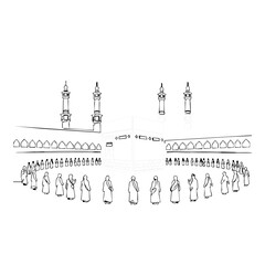 Obraz premium A minimalist line art illustration depicts pilgrims circumambulating the Kaaba in Mecca, highlighting the spiritual significance of the Hajj pilgrimage.