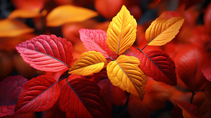 Closeup of vibrant autumn leaves in shades of red, orange, and yellow scenery
