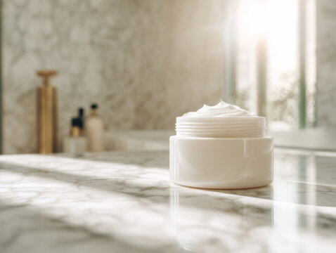 Luxurious skincare cream on marble countertop promises radiant skin and a spa-like pampering experience